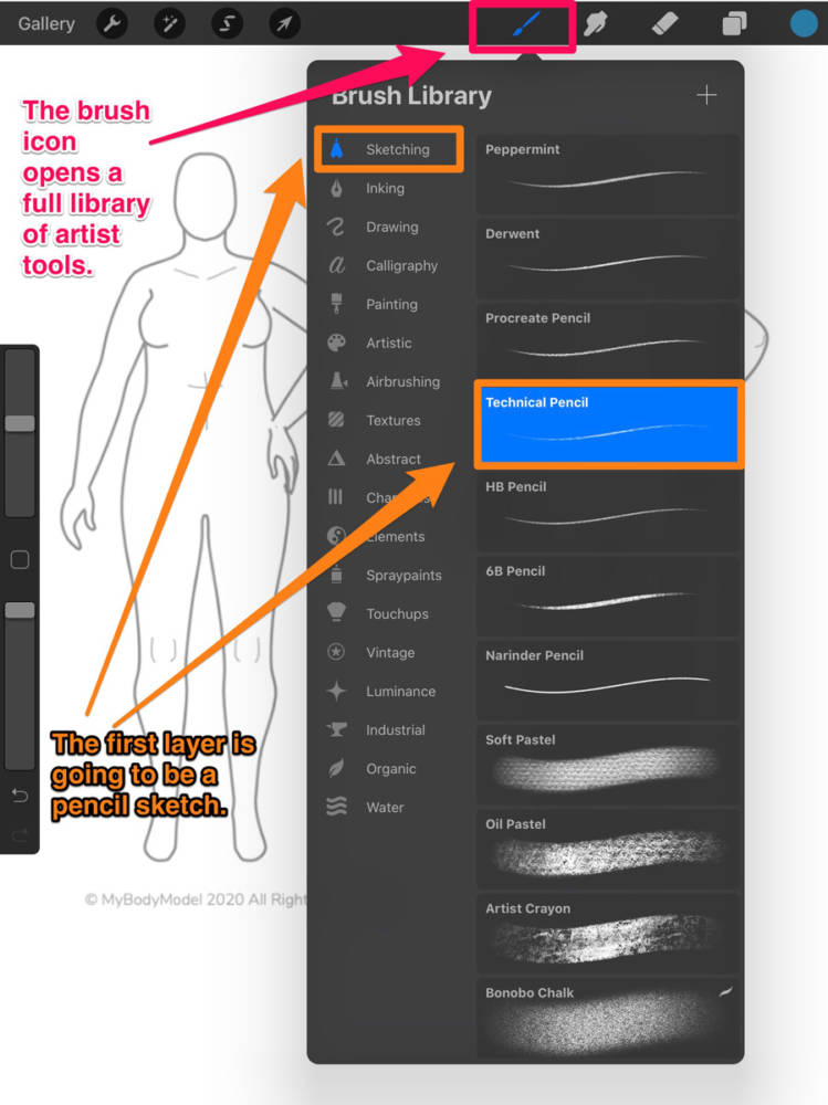 Interface displaying the Brush Library used to access tools like the Technical Pencil used for drawing in apps for fashion design 