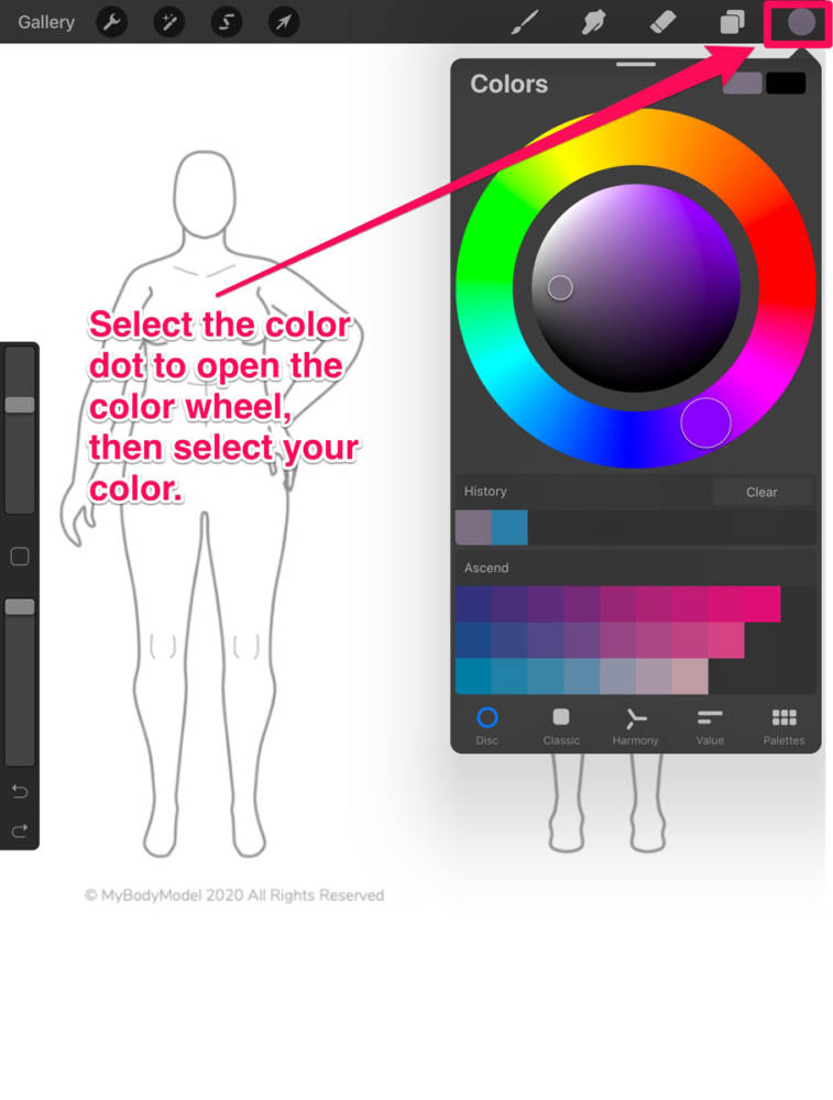 Interface displaying the color dot to open the Color wheel selection in Procreate