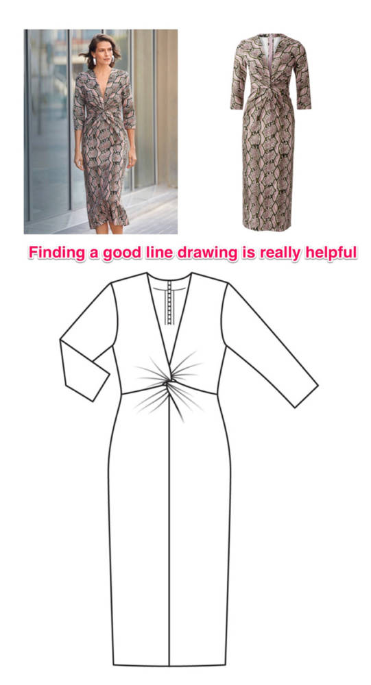 Comparison of the Burda dress on a model, the dress alone, and the pattern line drawing one can refer to when using fashion design apps