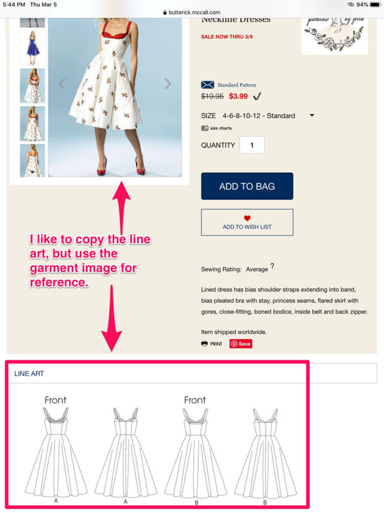 Comparison of the reference garment pattern image to be used when sketching in apps for fashion design and pattern line drawing on the Butterick Mccall website