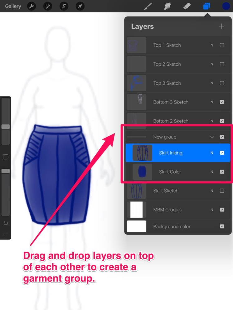 Interface displaying the combination of layers in a group in apps for fashion design sketching