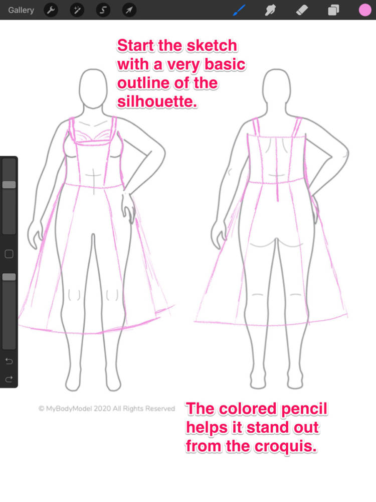 My basic dress design sketch on my body model croquis, as a first step when sketching in apps for fashion design