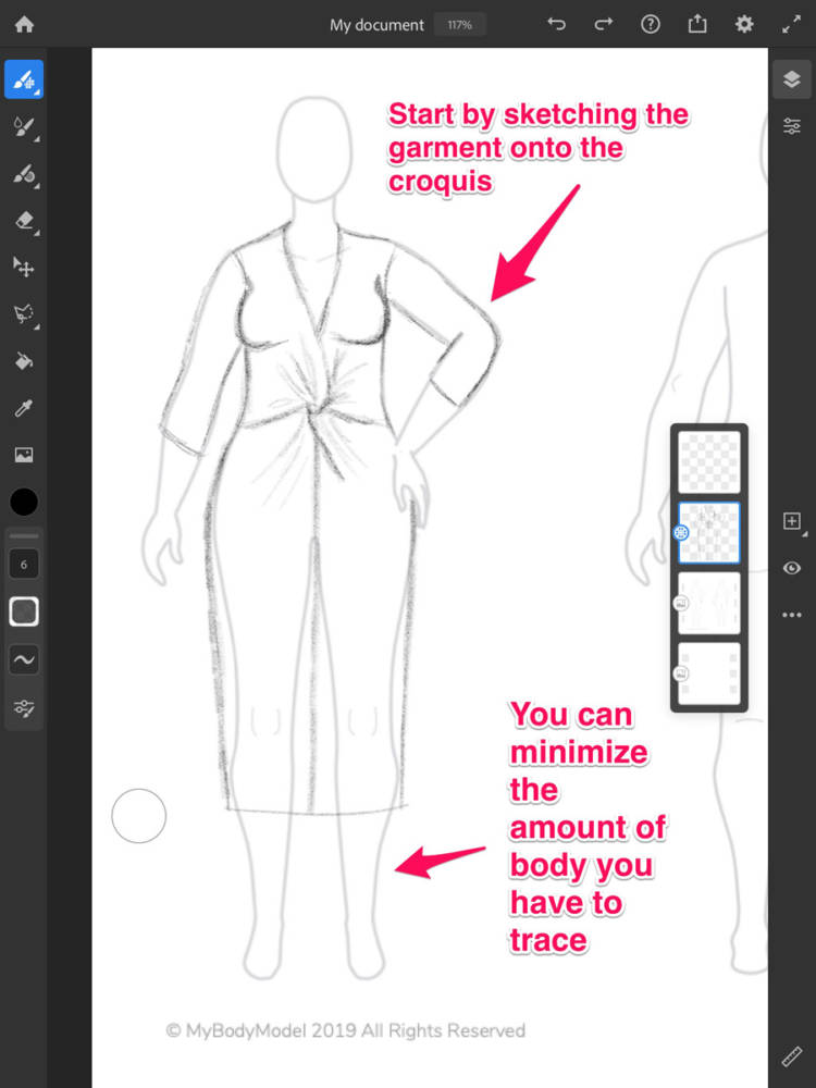 Here is my preliminary "pencil sketch" fashion drawing of the Burda dress pattern onto my personal MyBodyModel fashion croquis, using Adobe Fresco.