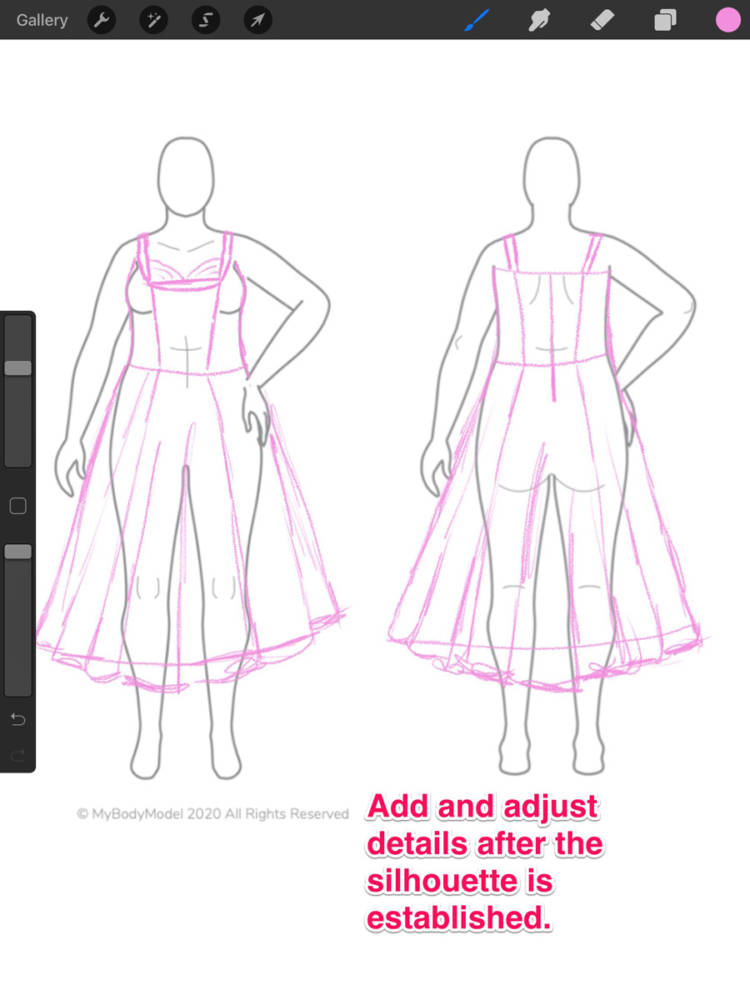 How to add and adjust details with the colored pencil tool after the dress silhouette is established, shown drawing a dress on my body model croquis in Procreate