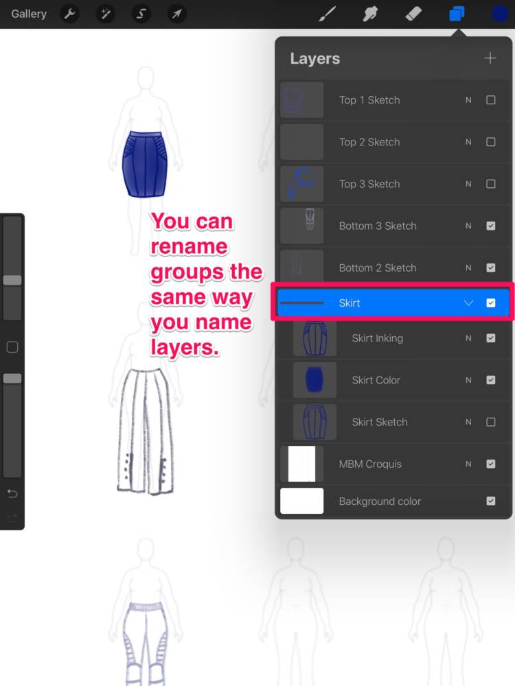 Interface displaying the renaming of groups of layers the same way layers are renamed in apps for fashion design sketching