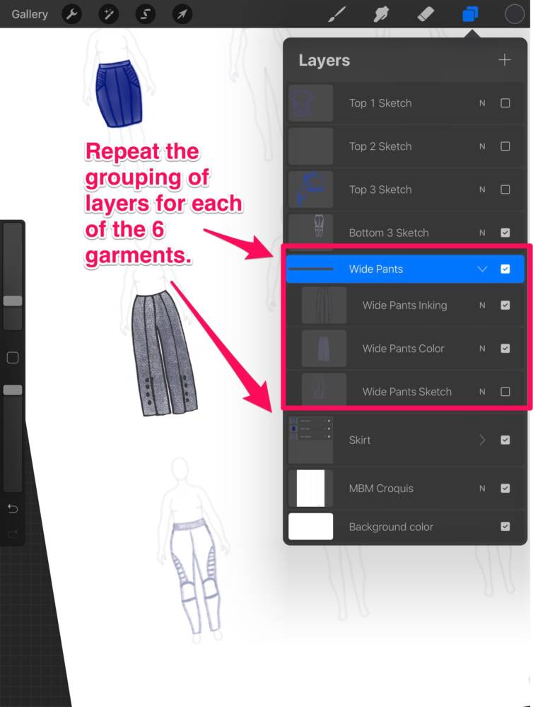 Interface displaying the repetition of grouping of layers for each drawn clothing sketch