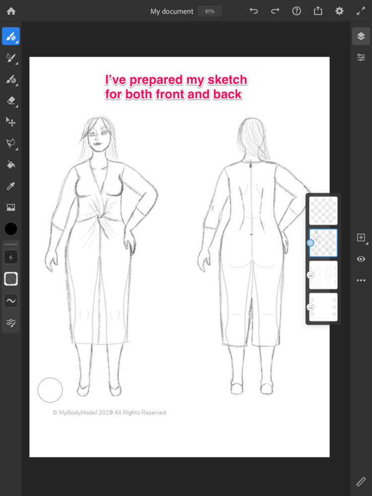Here are my initial "pencil" digital sketches for both the front and back views of the Burda dress on my body model croquis using Adobe Fresco.