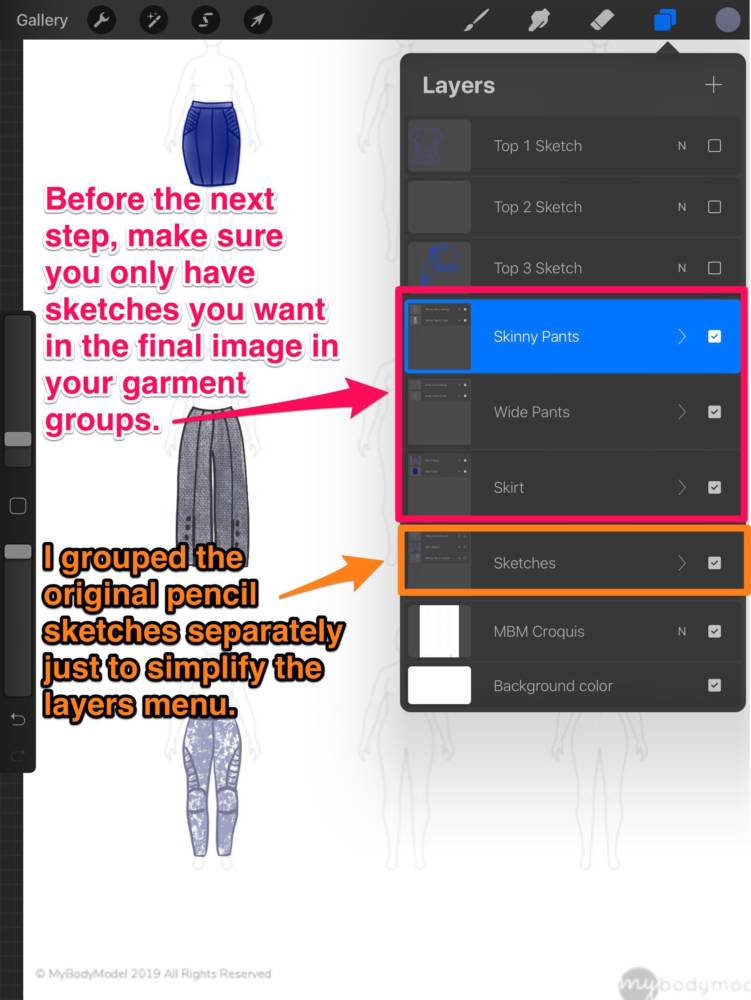 Interface displaying the original pencil clothing sketches grouped separately