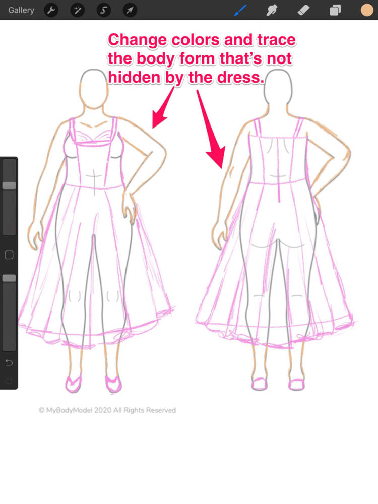 How to use a different color to distinguish the parts of the body not hidden by the dress sketches in apps for fashion design