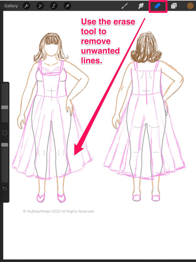 How to use the eraser tool to remove unwanted lines in Procreate or other fashion drawing apps