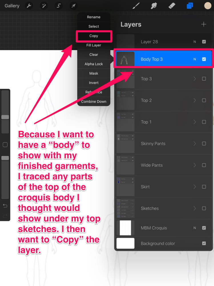 Interface displaying the copying a layer for the parts of the fashion croquis body template showing past the clothing sketches