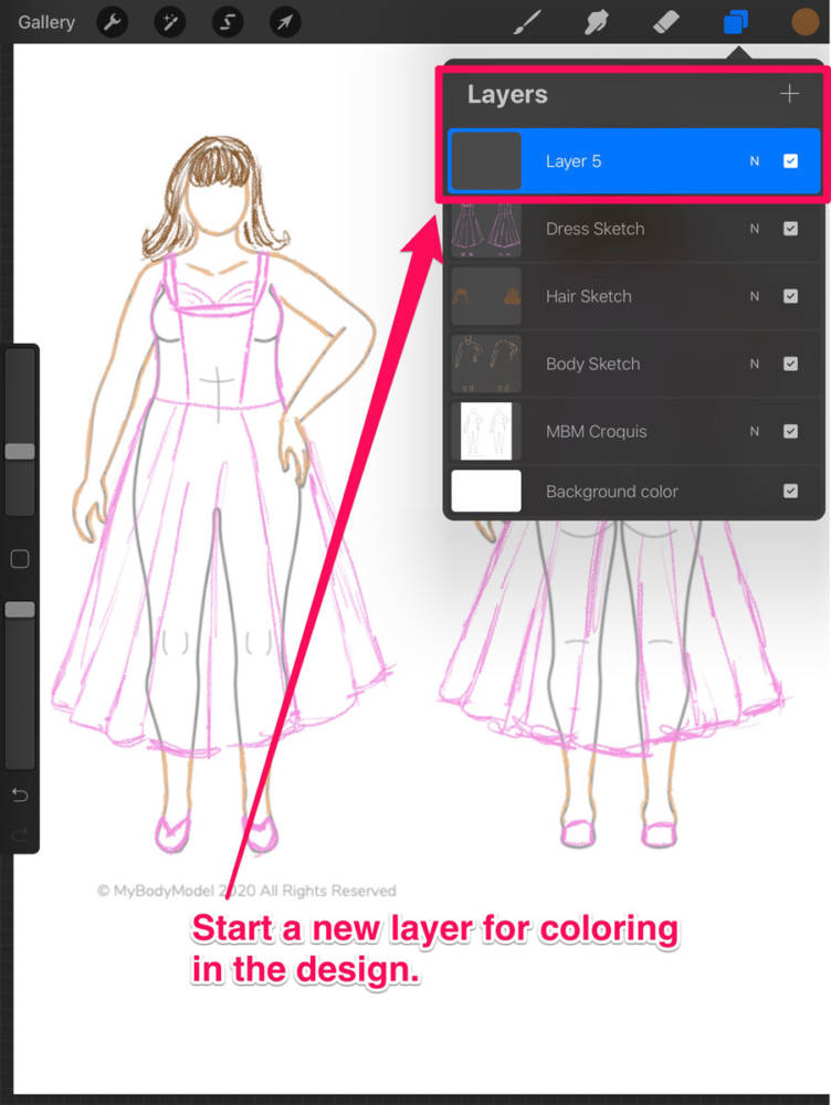 How to create a new layer for coloring in the fashion design drawing in Procreate