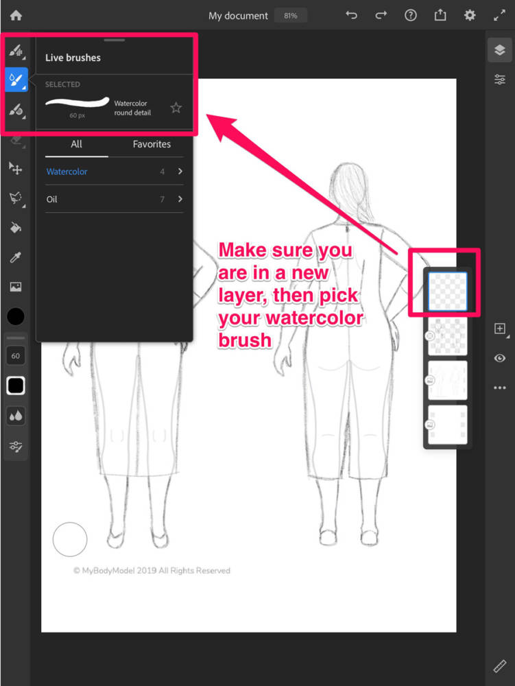How to color digitally with a watercolor effect: Interface displaying the selection of the Watercolor round detail brush in the Live brushes tab, with a sample sketch on my body model croquis using Adobe Fresco.