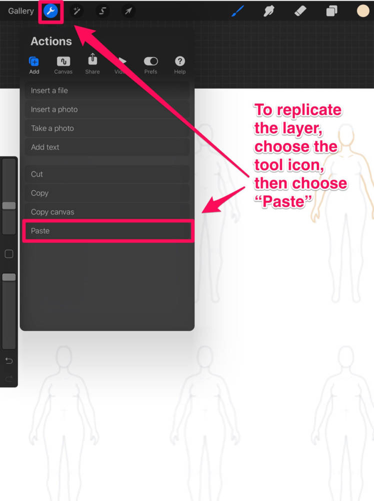 Interface displaying the pasting of the copied layer in the Actions toolbar