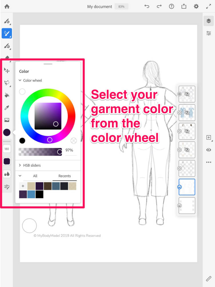 How to choose colors in digital drawing apps: Interface displaying the Color wheel selection tab from the toolbar, with a sample sketch on my body model croquis using Adobe Fresco.