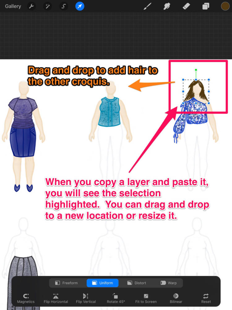 Interface displaying the dragging and cropping of a copied hairstyle element over another fashion croquis