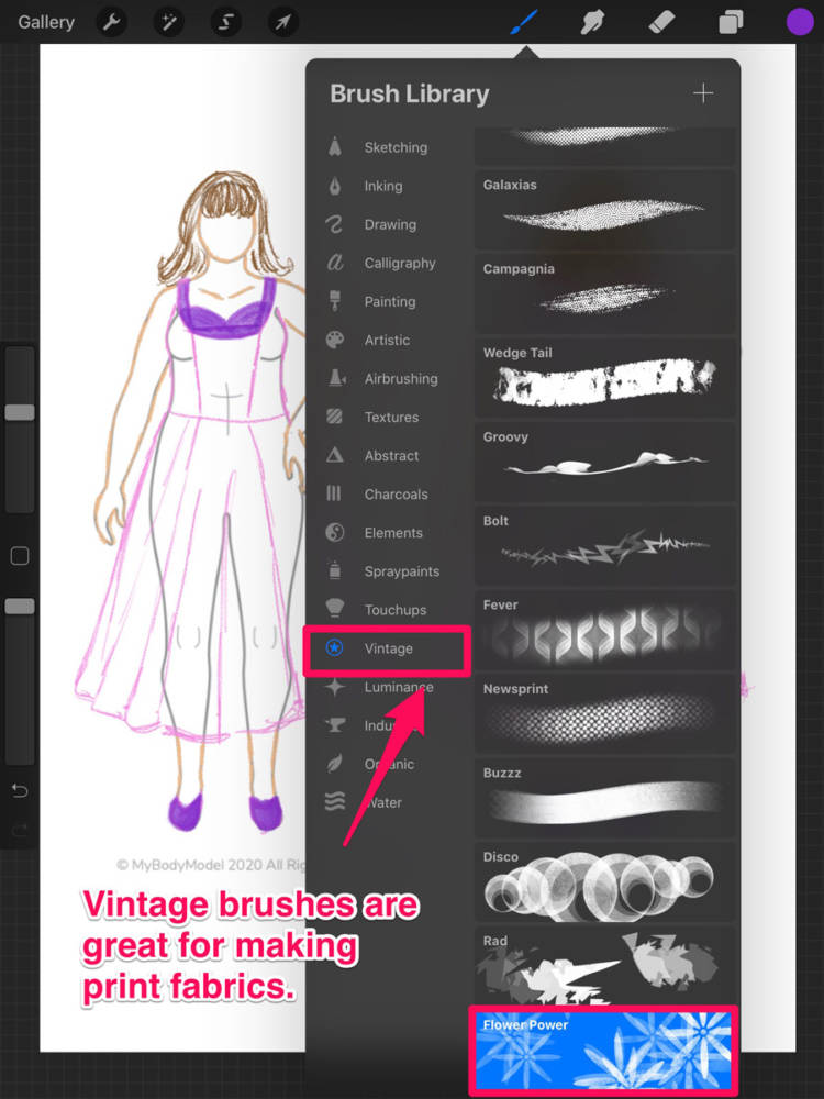 Interface displaying the Vintage brush option in the Brush Library in Procreate