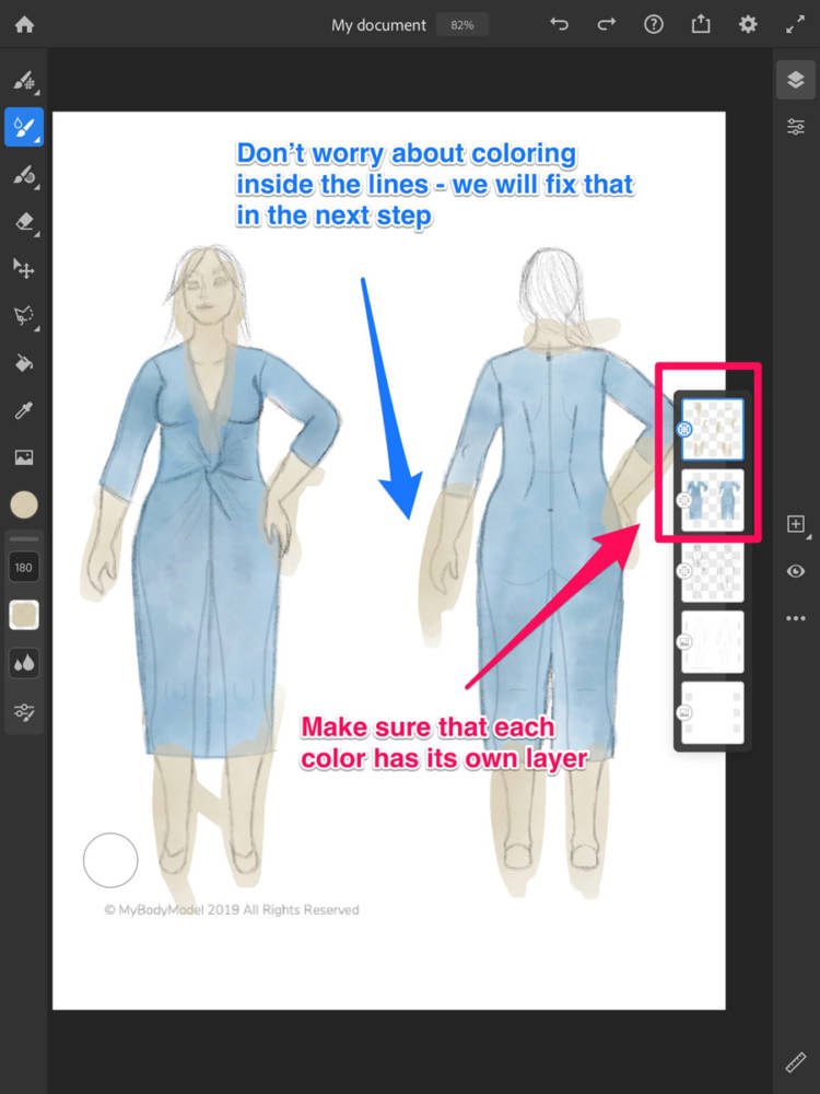 Sometimes it's okay to color outside the lines! This screen shows the rough coloring of the body and clothing sketches, with a sample sketch on my body model croquis using Adobe Fresco. (I'll clean it up later!)