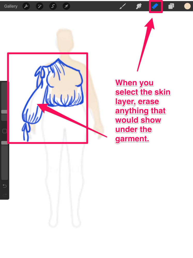 Interface displaying the erasure of the skin tone layer under areas where a fashion drawing top is sketched