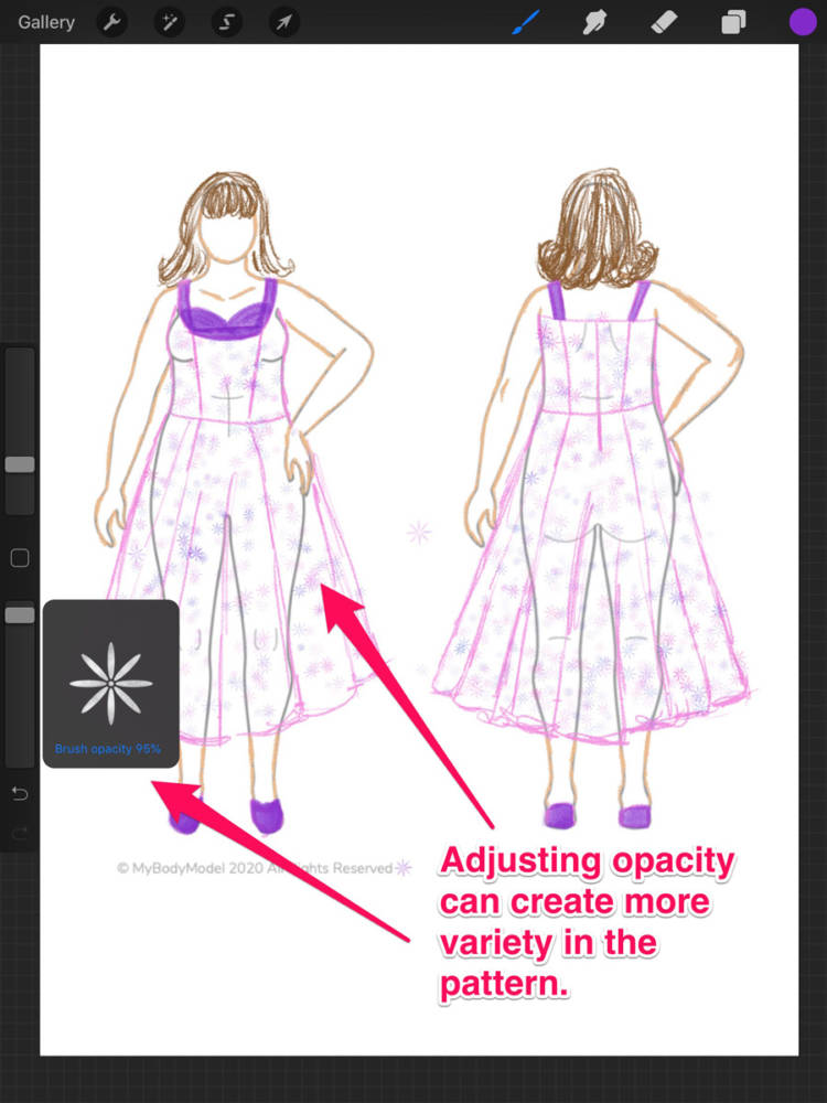 How to use various brushes with different settings to create intricate designs with Procreate and other apps for fashion design