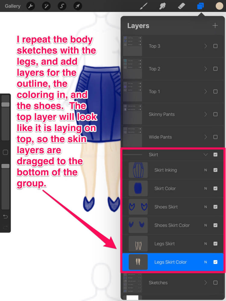 Interface displaying the repetition of layers and coloring for the legs