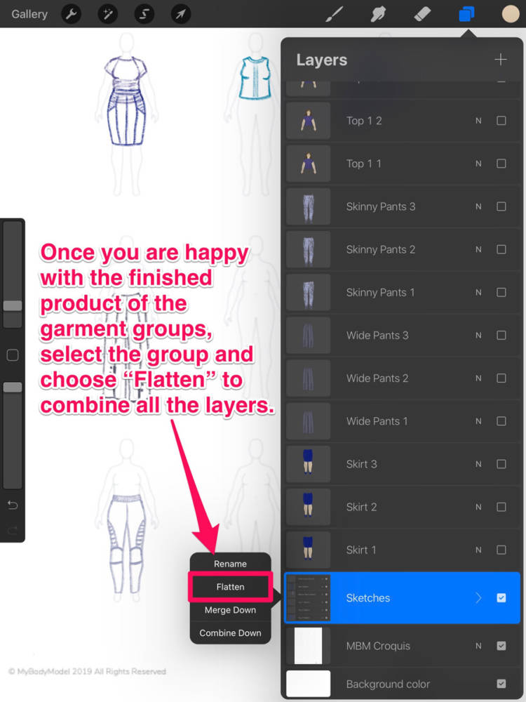 Interface displaying the Flatten tool to combine all layers of a finished garment group in apps for fashion design sketching