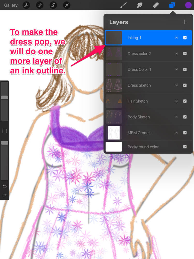 How to add another layer for an ink outline of the clothing sketches in Procreate and other drawing apps