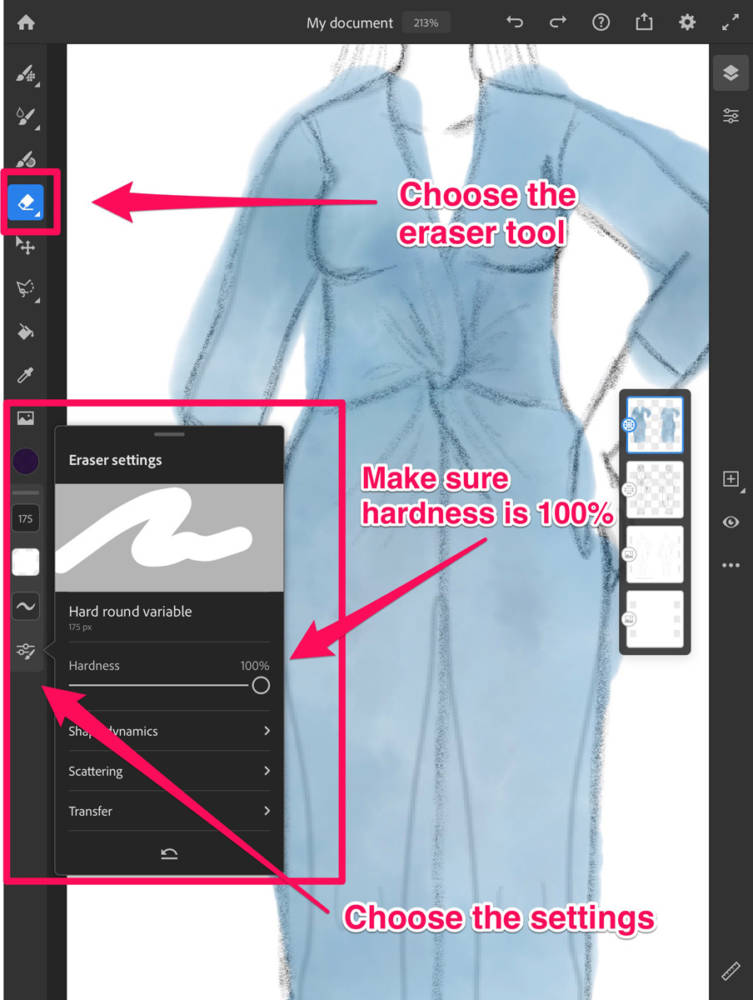 How to use the eraser tool in digital sketching: Interface displaying the selection of the eraser tool with 100% hardness, , with a sample sketch on my body model croquis using Adobe Fresco.