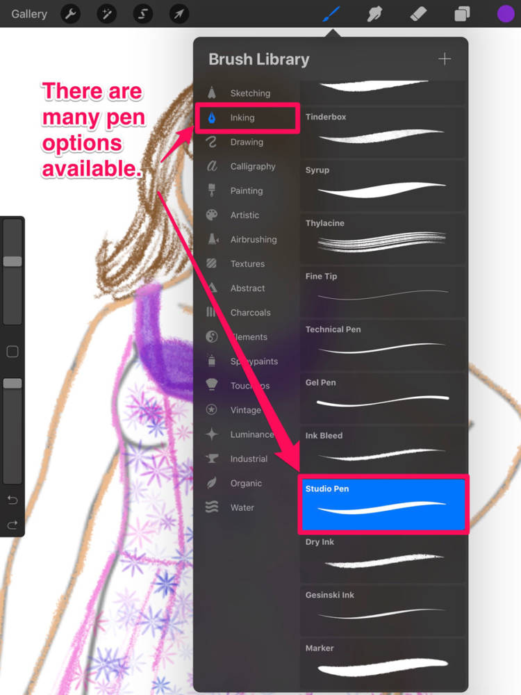 Interface displaying the various Inking brushes available in the Brush Library in the Procreate app