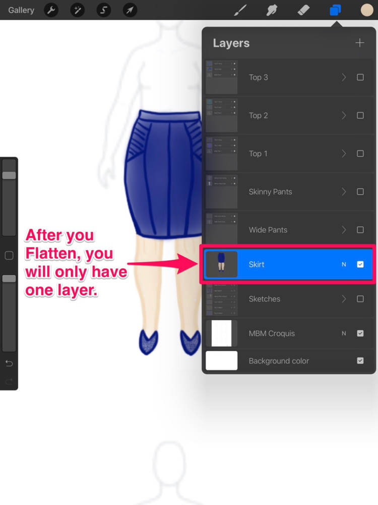 Interface displaying the combined result of the Flatten toon in the Procreate drawing app