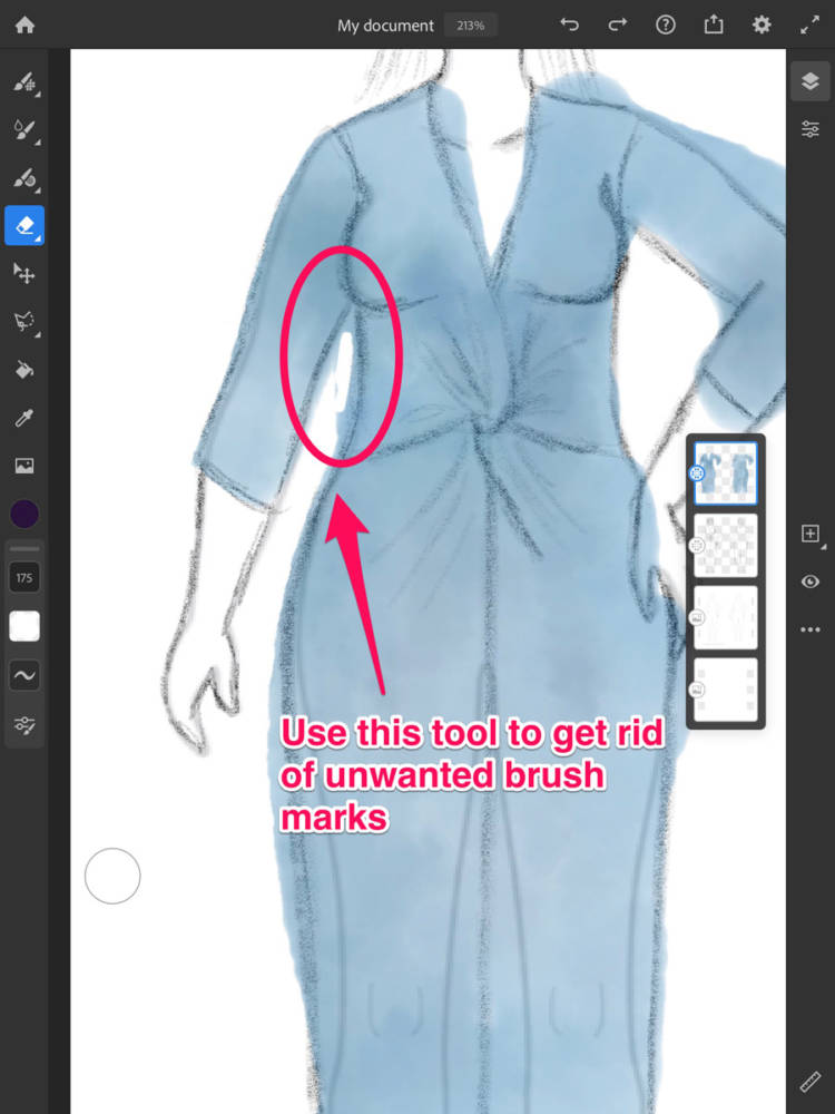 How to clean up your sketch using the eraser tool: This screen shows how I am erasing color outside of the lines, with a sample sketch on my body model croquis using Adobe Fresco.