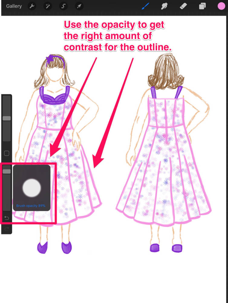 Interface displaying the adjustment of opacity to create the right contrast for the dress sketches