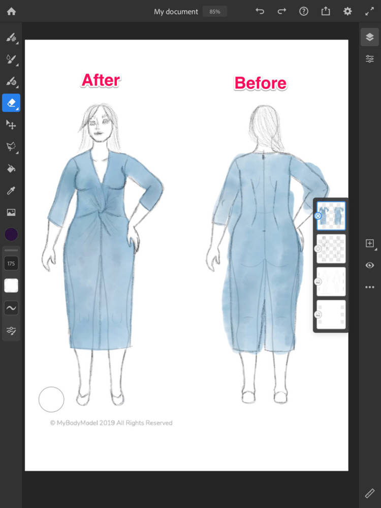 Using the eraser tool, before and after comparison with a sample dress sketch on my body model croquis using Adobe Fresco. On the left is the cleaned up version. The sketch on the rights still needs to be cleaned up with the eraser tool.