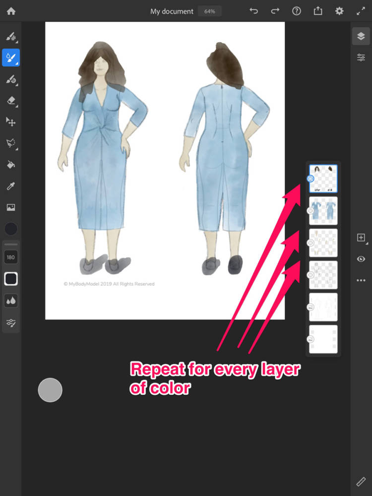 How to repeat the erasing step for each layer, with a sample sketch on my body model croquis using Adobe Fresco.