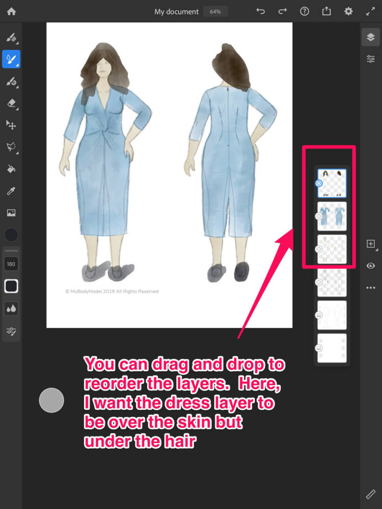 How to re-order layers! Interface on the right hand side of the screen, with a sample sketch on my body model croquis using Adobe Fresco.