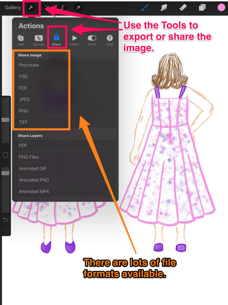 These are the tools to export and share an image from Procreate and other apps for fashion design