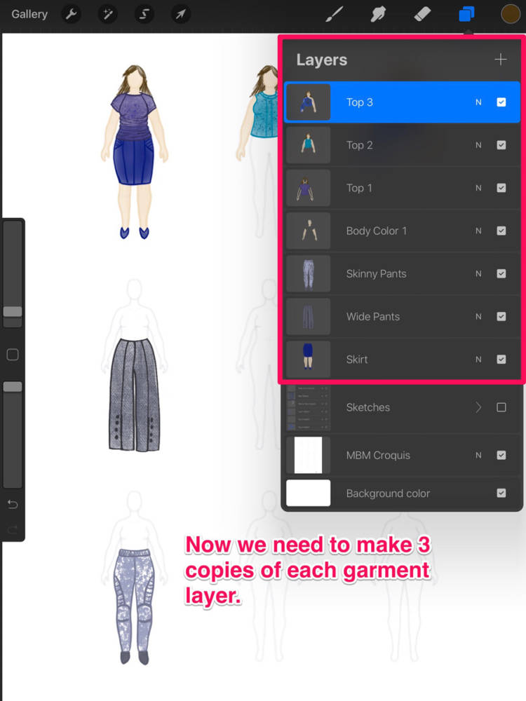 Interface displaying a highlighted section of layers to make copies of each garment layer
