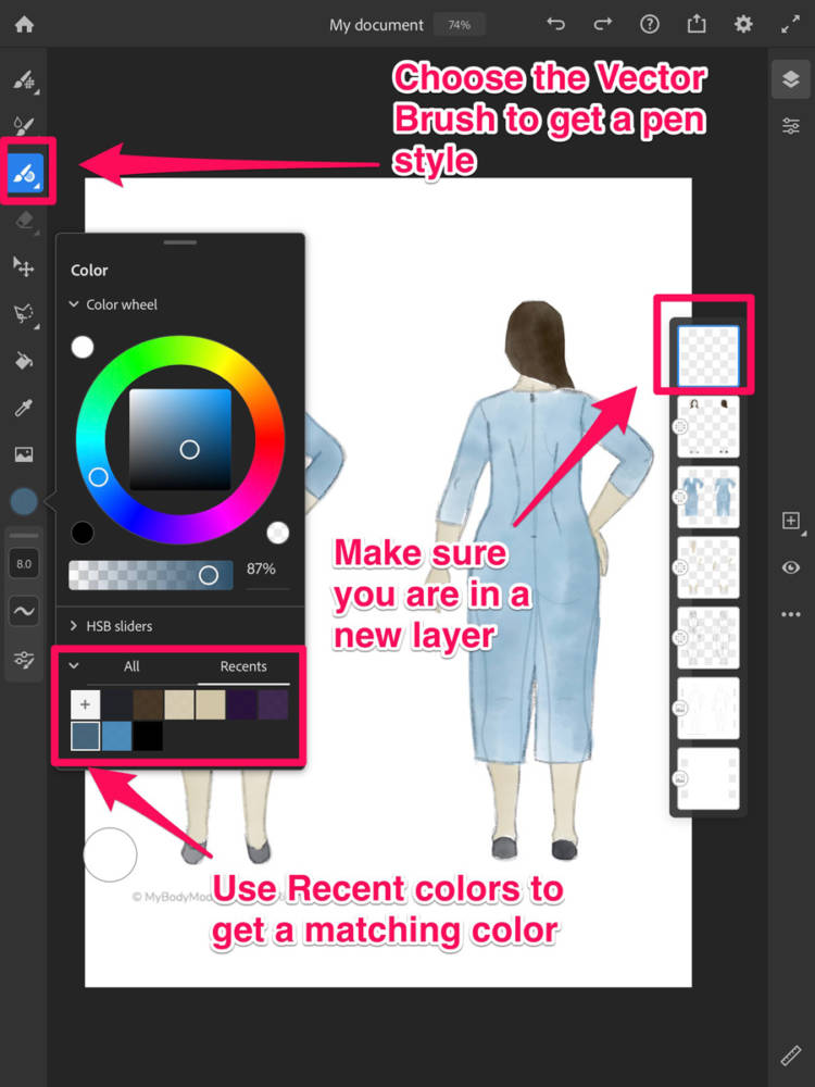 How to select the Vector Brush, a matching color from Color tab, and a new layer, with a sample sketch on my body model croquis using Adobe Fresco as a fashion design app.
