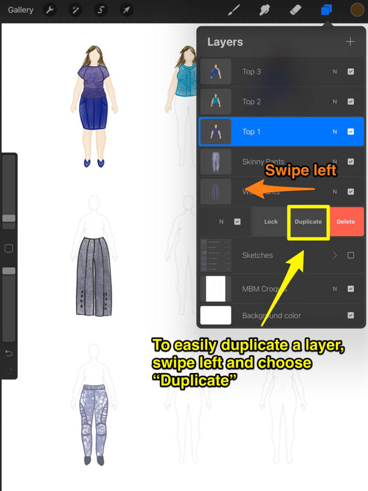 Interface displaying the method of swiping left and choosing Duplicate to duplicate a layer