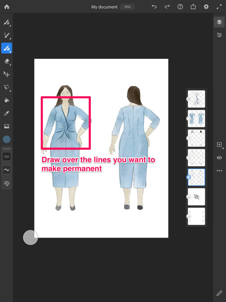 This screen shows how I draw new lines to be permanent and define the fashion design, with a sample Burda dress sketch on my body model croquis using Adobe Fresco.