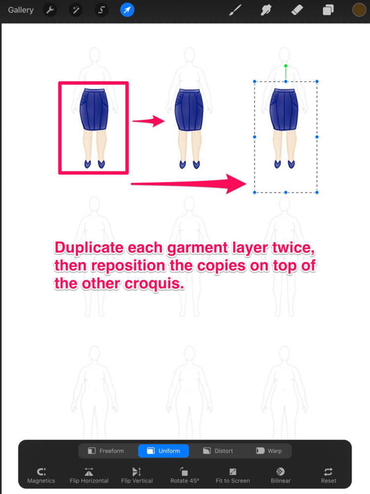 Interface displaying the duplication of a skirt sketch twice and repositioned onto two more croquis