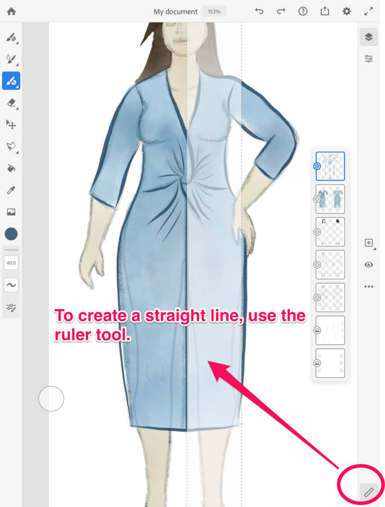 This screen shows how to use the ruler tool to create straight lines, with a sample sketch on my body model croquis using Adobe Fresco.