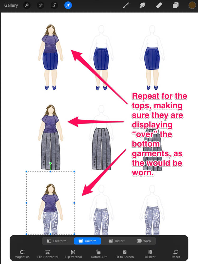 Interface displaying the repetition of the duplication of tops and repositioning over drawn skirt clothing sketches