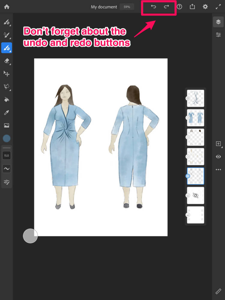 This screen shows the undo and redo buttons that are important to remember when making edits in fashion design apps, with a sample sketch on my body model croquis, using Adobe Fresco.