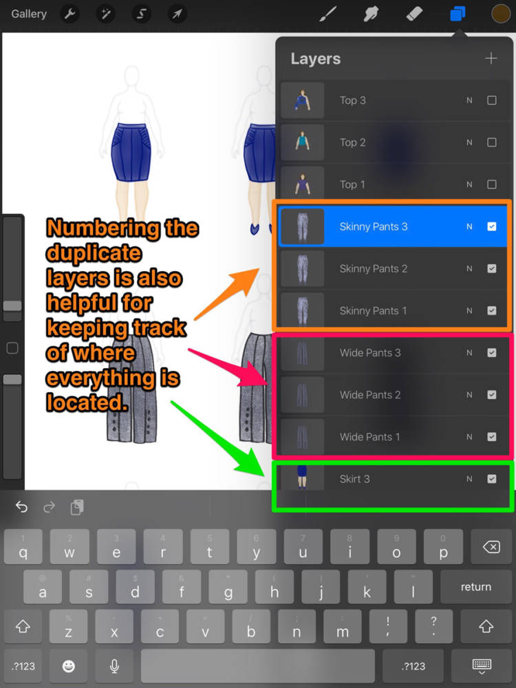 Interface displaying the numbering of duplicate layers with the same name to organize in apps for fashion design sketching