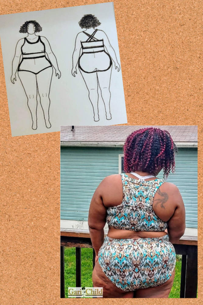Model wearing Agility Top and Alice High Rise Bottoms patterns by 5 out of 4 alongside corresponding swimwear fashion sketches on custom body positive fashion croquis by MyBodyModel