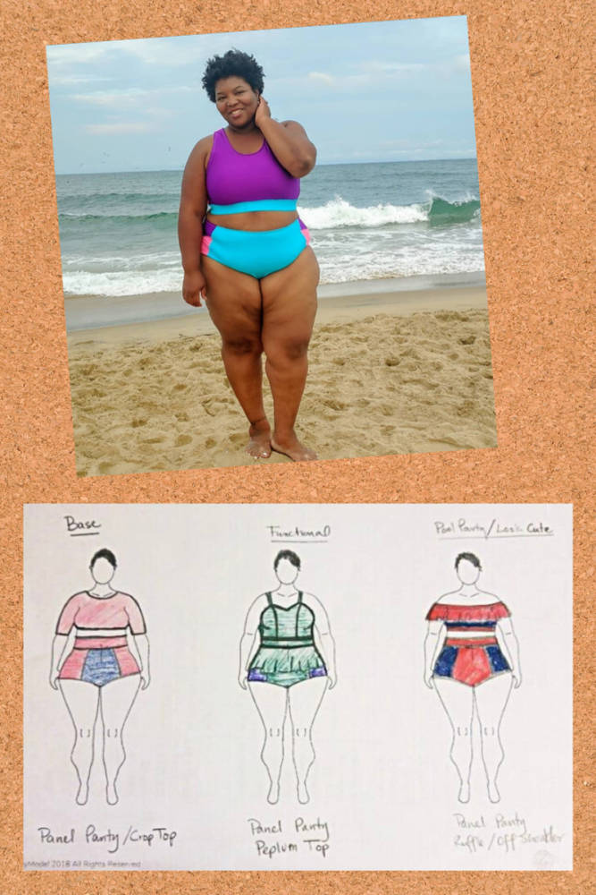 Model wearing Colorblock Zip Swimsuit Mix & Match Pattern by Ellie & Mac alongside comparison of three swimsuit design variations on custom body positive fashion croquis by MyBodyModel