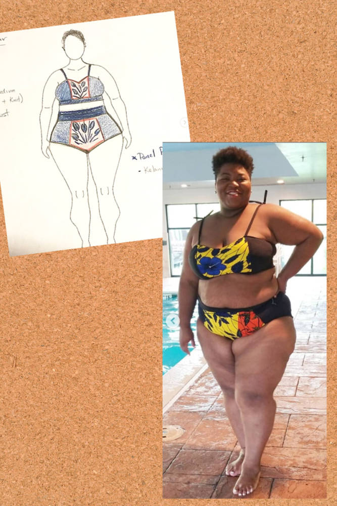 Model wearing Kehlani High Waisted Bikini by My Golden Thimble alongside corresponding swimwear fashion sketch on custom body positive fashion croquis by MyBodyModel