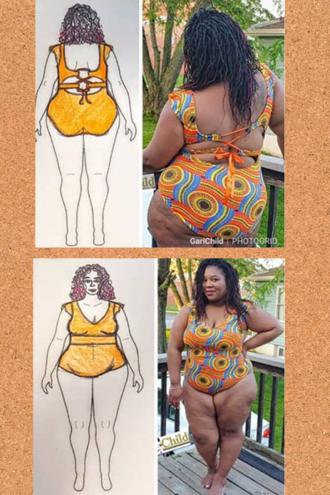 Model wearing Laura Swimsuit, Tankini, and Dress pattern by 5 out of 4 alongside corresponding swimsuit fashion sketches on custom body positive fashion croquis by MyBodyModel