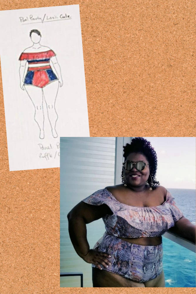 Model wearing Waterfall Swimsuit Mix & Match Pattern by Ellie & Mac alongside corresponding swimsuit fashion sketch on custom body positive fashion croquis by MyBodyModel